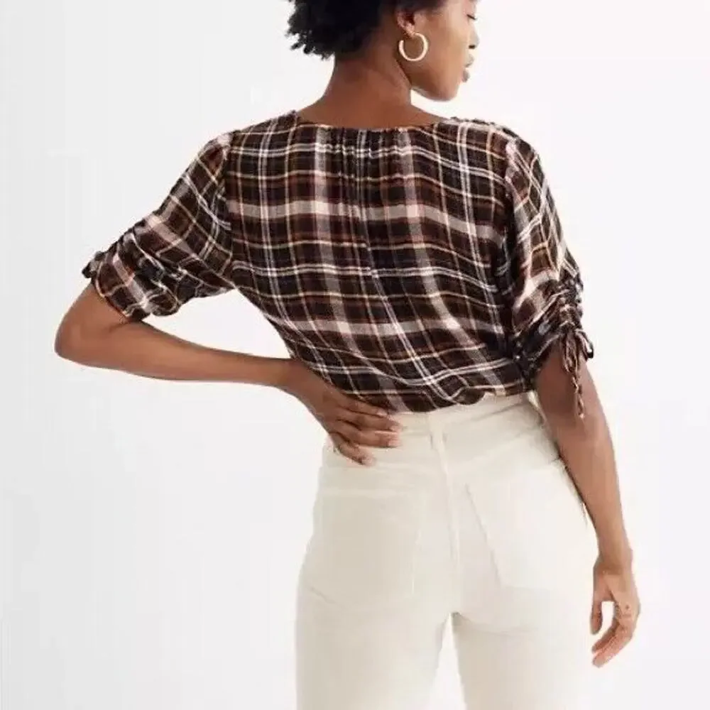 NEW Madewell Plaid Puffed Cinch Sleeve Top V Neck Blouse Womens Small